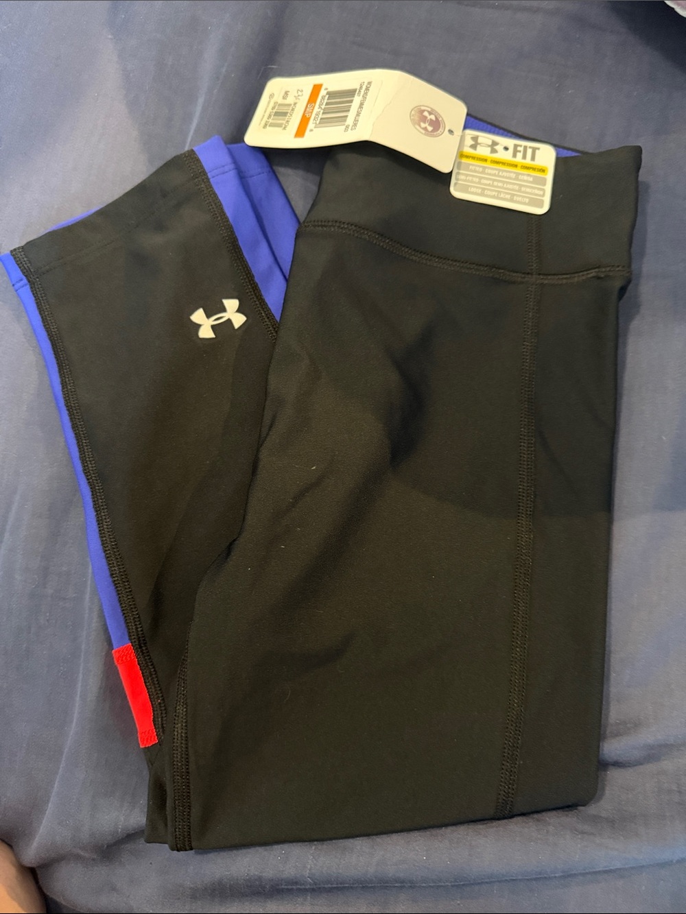 Under Armour Black Leggings with Blue Panels and Red Trim